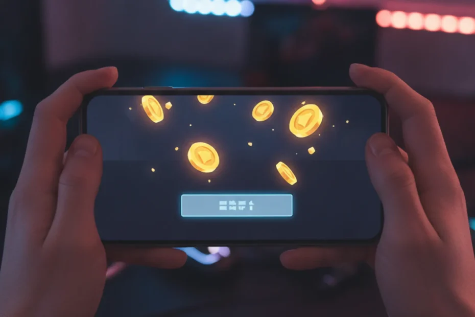 Player holding a smartphone with in-game reward coins on screen