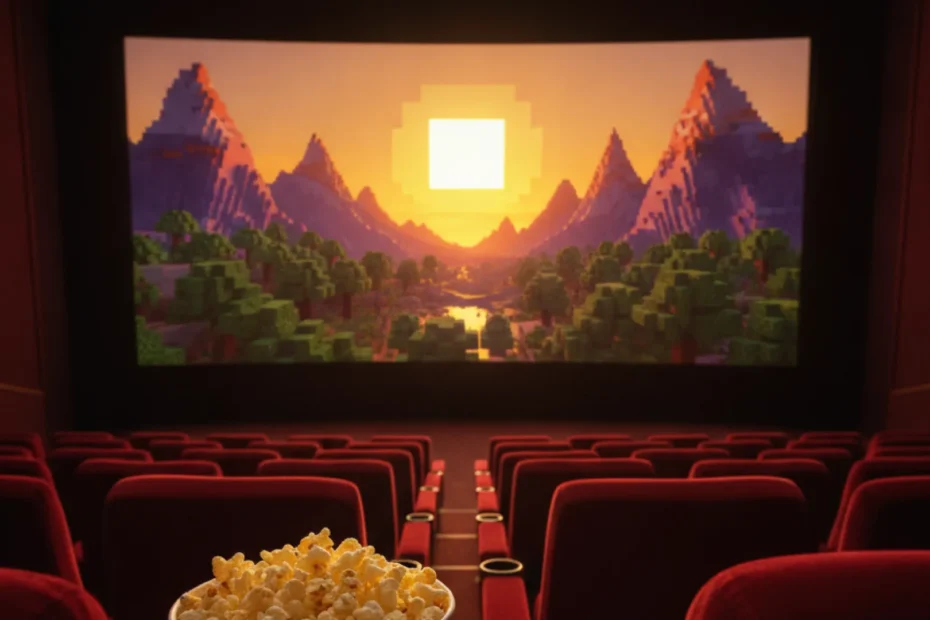 Movie theater screen showing a blocky voxel landscape at sunrise with popcorn in the foreground