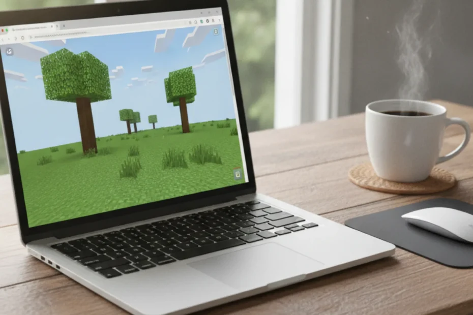 Laptop on a desk running a blocky sandbox game in a web browser
