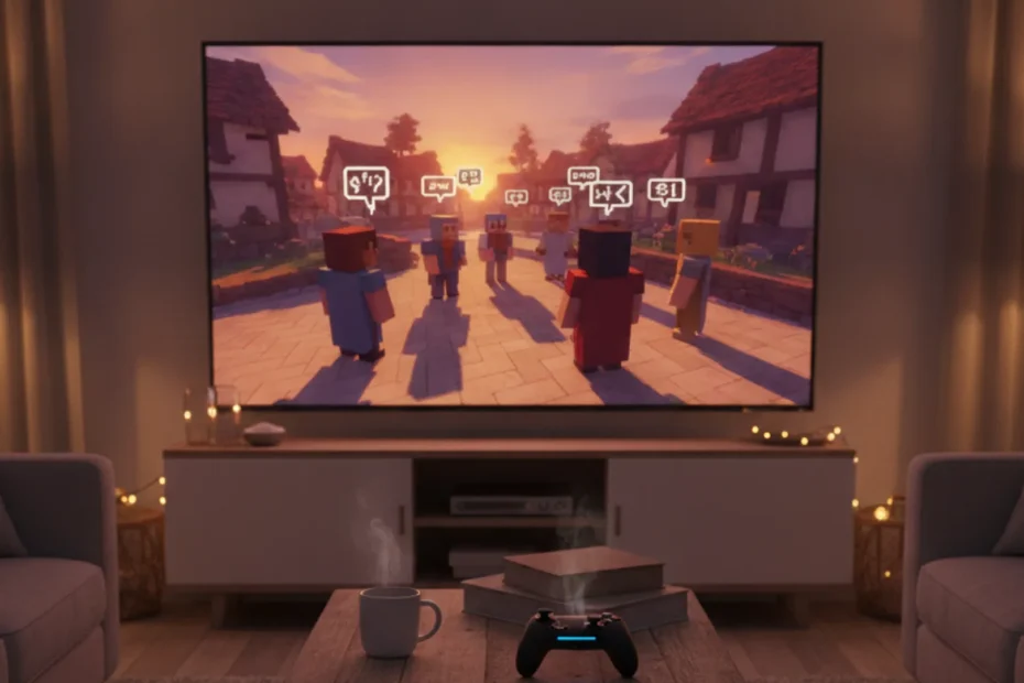 Living room TV showing a story-driven blocky adventure game with a controller on the table