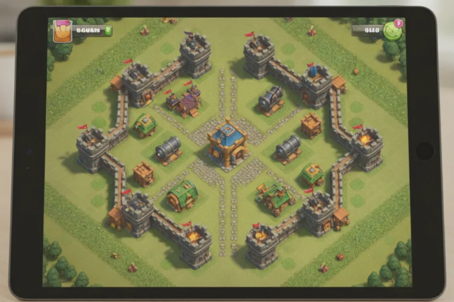 Tablet showing a fortified strategy game village with walls and defensive towers
