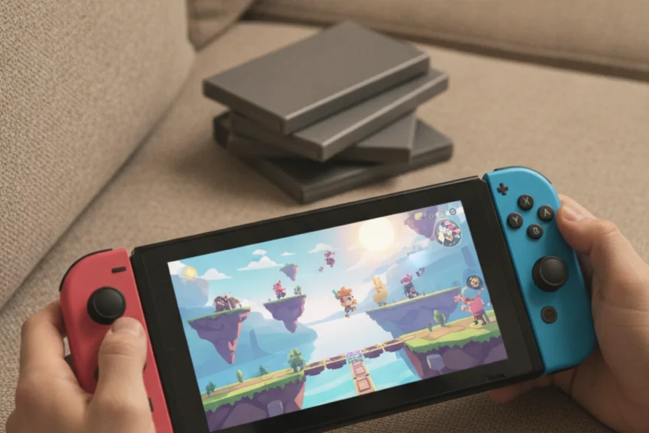 Hands holding a handheld game console with colorful controllers on a sofa