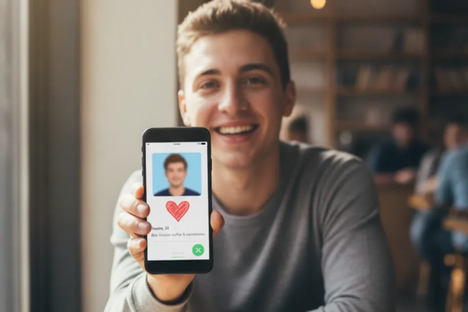 Smiling young man in a café holding a phone with a dating app profile on screen