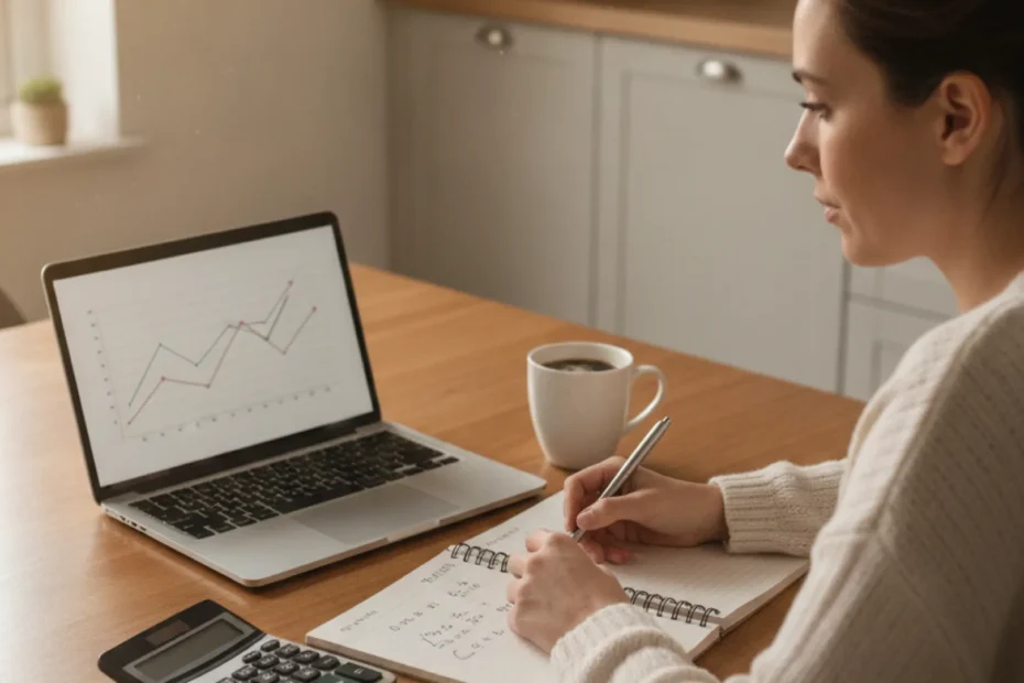 Woman at a kitchen table comparing personal loan options with a laptop, notebook and calculator